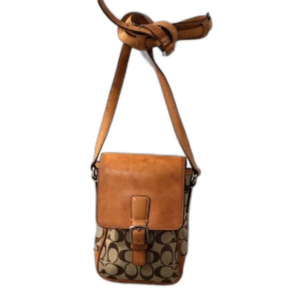 Coach Signature Canvas & Leather Crossbody Flap Bag Buckle Detail - 6.5x8.5 inch - Picture 1 of 13